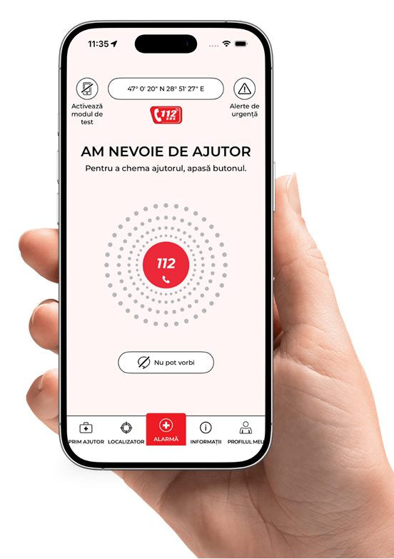 Home screen of the Notruf app with red 112 emergency button