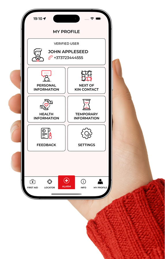 My Profile screen in the emergency app showing sections for personal information, next of kin contact, health information, temporary information, feedback, and settings.