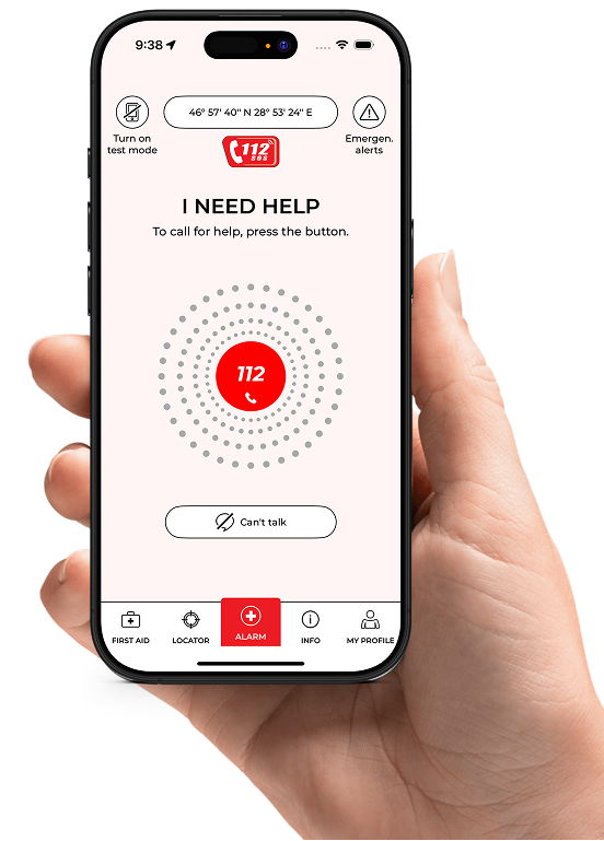 Home screen of the Notruf app with red 112 emergency button